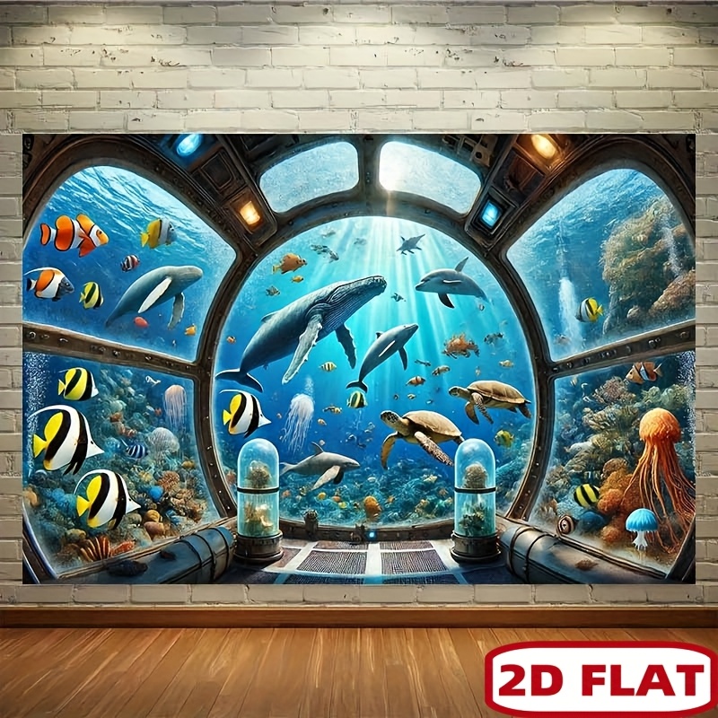 Ocean Aquarium - 水中潜水艦の窓、ジンベエザメのタペストリー、2Dフラットプリント、子供部屋の装飾用、壁掛け、背景、海洋水族館のアート。