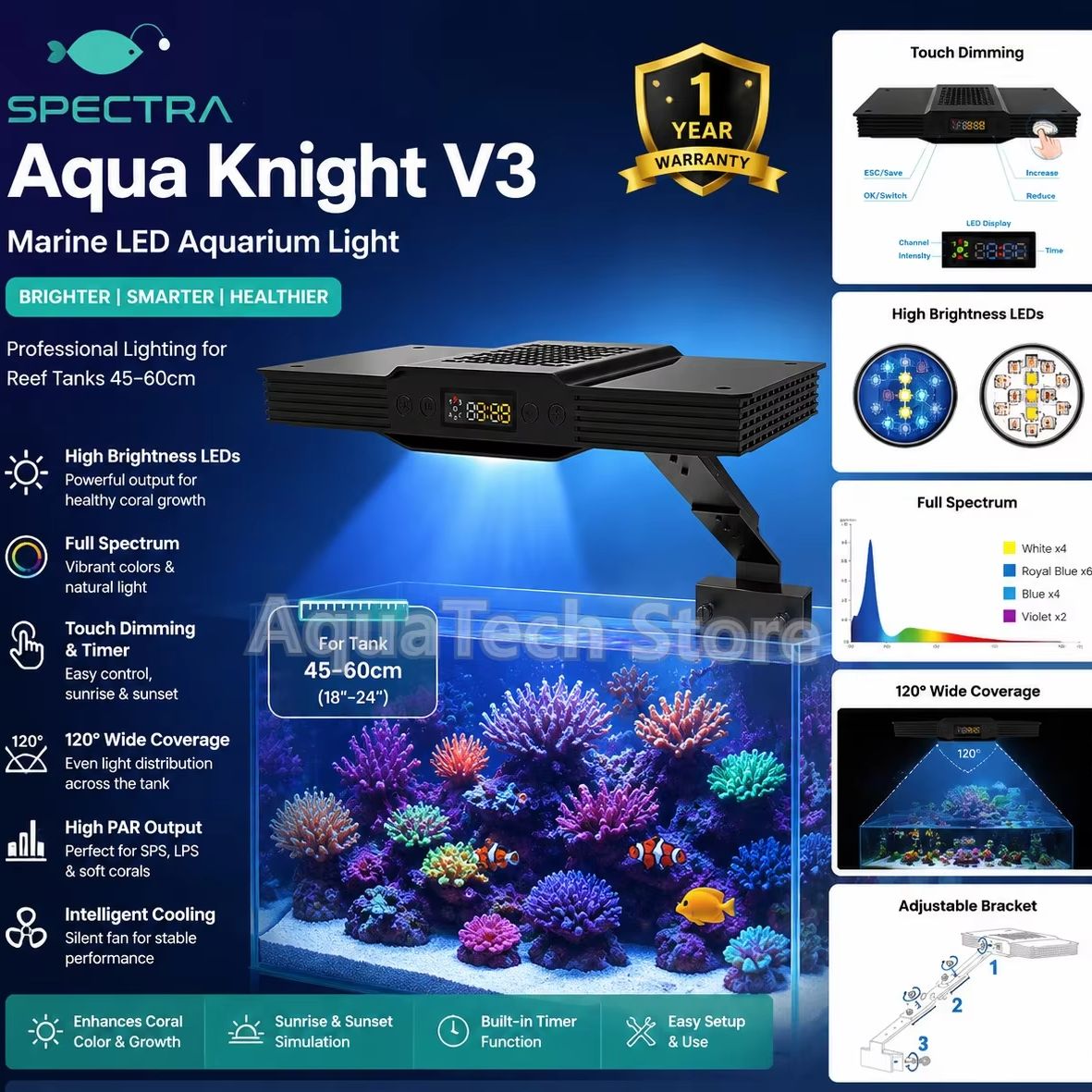 Marine Coral - Spectra Aqua Knight V3 75W プログラム可能な日の出日没海洋水族館